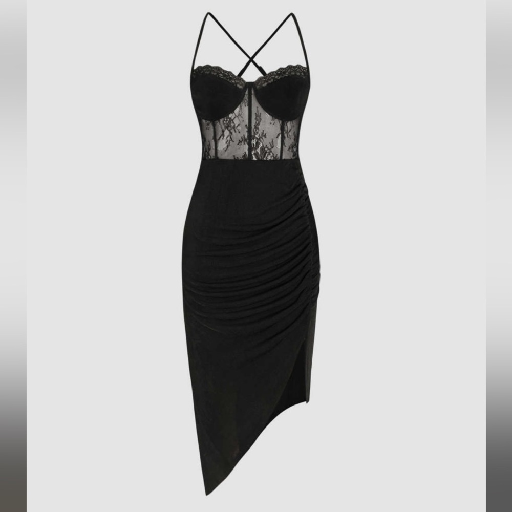 Sexy Lace Ruched Split Cami Midi Dress